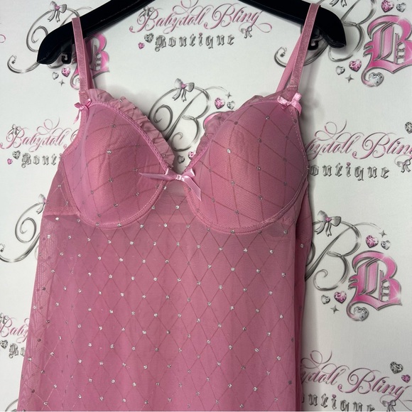 Babydoll sparkly dress pink silver polkadot ribbon bow tie stretchy mesh y2k - Picture 3 of 9